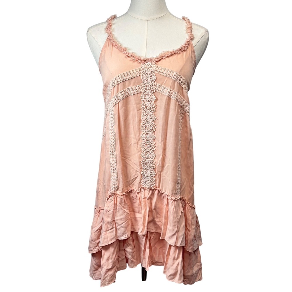 Cottagecore Boho Mini Dress Peach Pink Crochet Lace Trim Ruffles Festival Sz M
